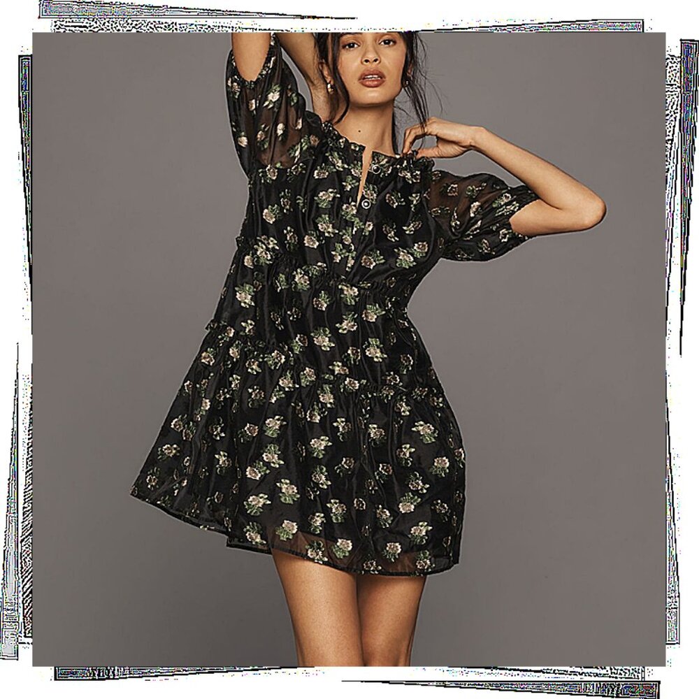 Black Floral Embroidered Short-Puff Sleeve V-Neck Tiered Dress (S) by Maeve